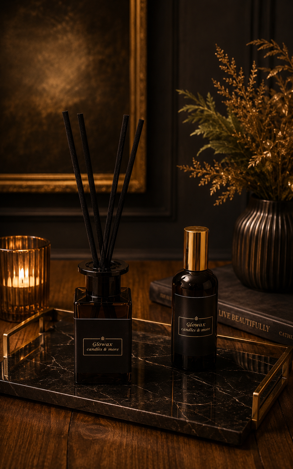 Glowax Brown combo με αρωματιστή χώρου με sticks και fabric mist σε κομψό καφε design