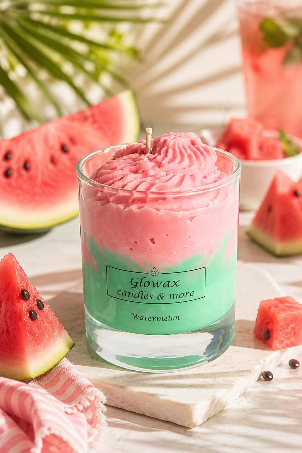 Κερί σόγιας Glowax Watermelon σε γυάλινο ποτήρι με άρωμα καρπούζι